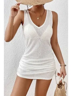 Angelsin Yandan Büzgülü Likralı Plaj Elbisesi Pareo Cover Up Kimono Angelsin MS4386 Beyaz