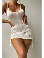 Yandan Büzgülü Örme Plaj Elbisesi Pareo Cover Up Kimono Angelsin MS 4385 Beyaz Beyaz