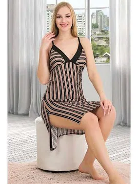 Lady Yandan Yırtmaçlı Çizgili Askılı Gecelik Lady 6528