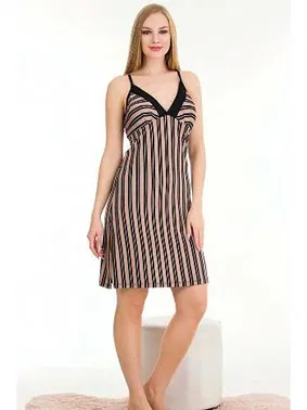 Lady Yandan Yırtmaçlı Çizgili Askılı Gecelik Lady 6528 - Alternatif Görünüm