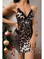 Yanları Dantel Dekolteli Leopar Kısa Saten Gecelik Ruselin 2223 Siyah görsel 4