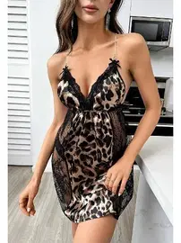 Ruselin Yanları Dantel Dekolteli Leopar Kısa Saten Gecelik Ruselin 2223