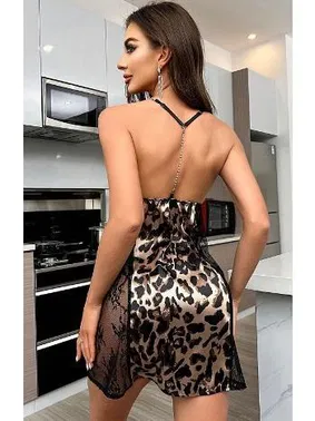 Ruselin Yanları Dantel Dekolteli Leopar Kısa Saten Gecelik Ruselin 2223 - Alternatif Görünüm