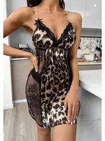 Yanları Dantel Dekolteli Leopar Kısa Saten Gecelik Ruselin 2223 Siyah görsel 5