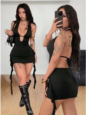 Ruselin Yanları Fırfırlı Boyundan Bağlamalı Fantazi Gece Elbisesi Ruselin 5117