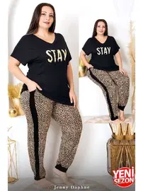 Lady Yanları Şeritli Büyük Beden Leopar Desenli Kısa Kollu Kadın Pijama Takımı Lady 10987 