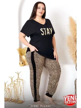 Lady Yanları Şeritli Büyük Beden Leopar Desenli Kısa Kollu Kadın Pijama Takımı Lady 10987  - Alternatif Görünüm