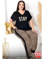 Yanları Şeritli Büyük Beden Leopar Desenli Kısa Kollu Kadın Pijama Takımı Lady 10987  Siyah farklı açı
