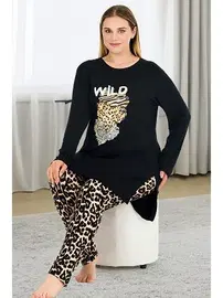 Lady Yanları Yırtmaçlı Uzun Kollu Leopar Desenli Büyük Beden Kadın Pijama Takımı Lady 11384