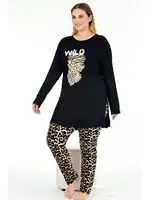 Yanları Yırtmaçlı Uzun Kollu Leopar Desenli Büyük Beden Kadın Pijama Takımı Lady 11384 Siyah detay görünüm