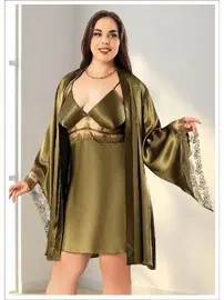 Miss Laris Yarasa Kol Dantelli Büyük Beden Saten Gecelik Sabahlık Takımı Miss Laris 6011