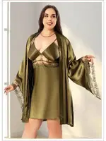 Yarasa Kol Dantelli Büyük Beden Saten Gecelik Sabahlık Takımı Miss Laris 6011 Yeşil