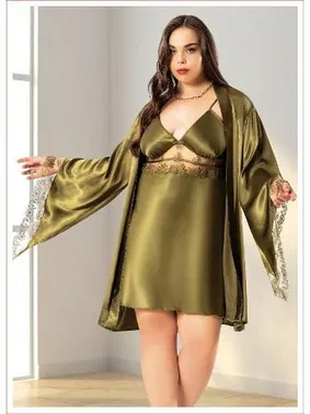 Miss Laris Yarasa Kol Dantelli Büyük Beden Saten Gecelik Sabahlık Takımı Miss Laris 6011 - Alternatif Görünüm