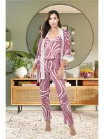 Yarım Kollu Desenli 3lü Pijama Sabahlık Takımı İzabel SB-5003 Lila