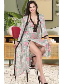 İzabel Yeşil Çiçekli Uzun Sabahlıklı Gecelik Takım İzabel US-6005