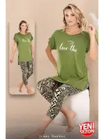 Yeşil Desenli Kısa Kollu Rahat Kesim Viskon Kapri Pijama Takımı Lady 12075 Yeşil