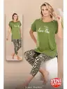 Yeşil Desenli Kısa Kollu Rahat Kesim Viskon Kapri Pijama Takımı Lady 12075