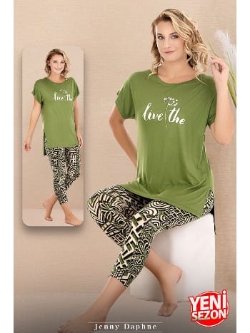 Yeşil Desenli Kısa Kollu Rahat Kesim Viskon Kapri Pijama Takımı Lady 12075