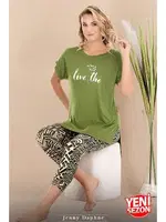 Yeşil Desenli Kısa Kollu Rahat Kesim Viskon Kapri Pijama Takımı Lady 12075 Yeşil detay görünüm