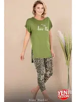 Yeşil Desenli Kısa Kollu Rahat Kesim Viskon Kapri Pijama Takımı Lady 12075 Yeşil farklı açı