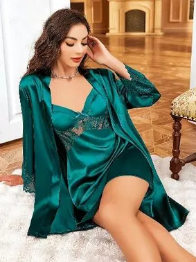 Pink Night Yeşil Saten Dantelli Göğüs Balenli Gecelik Sabahlık Takım Pink Night 1533