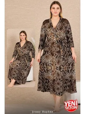 Lady Yılan Desenli Önden Bağlamalı Omuzlar Tül Uzun Kollu Büyük Beden Elbise Lady 7286