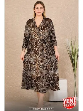 Lady Yılan Desenli Önden Bağlamalı Omuzlar Tül Uzun Kollu Büyük Beden Elbise Lady 7286 - Alternatif Görünüm