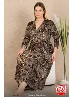 Yılan Desenli Önden Bağlamalı Omuzlar Tül Uzun Kollu Büyük Beden Elbise Lady 7286 farklı açı