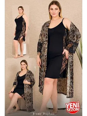 Lady Yılan Desenli Büyük Beden Sabahlık Dantelli 2'li Gecelik Takımı Lady 19236