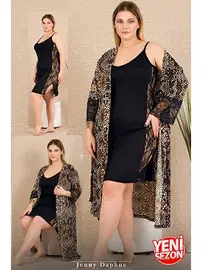 Lady Yılan Desenli Büyük Beden Sabahlık Dantelli 2'li Gecelik Takımı Lady 19236
