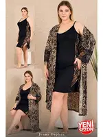 Yılan Desenli Büyük Beden Sabahlık Dantelli 2'li Gecelik Takımı Lady 19236 Siyah