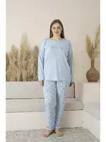Yıldız Desenli Uzun Kollu Viskon Büyük Beden Kadın Pijama Takımı Estiva 25146 Mavi