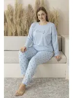 Yıldız Desenli Uzun Kollu Viskon Büyük Beden Kadın Pijama Takımı Estiva 25146 Mavi farklı açı