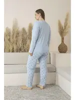 Yıldız Desenli Uzun Kollu Viskon Büyük Beden Kadın Pijama Takımı Estiva 25146 Mavi görsel 4