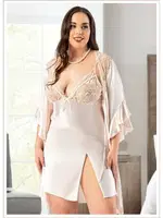 Saten Yırtmaçlı Büyük Beden Dantelli Gecelik Sabahlık Takımı Miss Laris 6004 Ekru