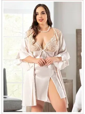 Miss Laris Saten Yırtmaçlı Büyük Beden Dantelli Gecelik Sabahlık Takımı Miss Laris 6004 - Alternatif Görünüm