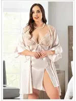 Saten Yırtmaçlı Büyük Beden Dantelli Gecelik Sabahlık Takımı Miss Laris 6004 Ekru detay görünüm