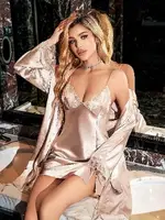 Yırtmaçlı Dantelli Kısa Saten Gecelik Sabahlık Takım Pink Night 1535 Vizon farklı açı