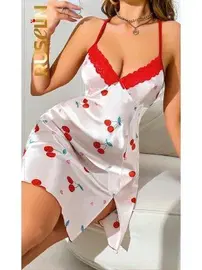 Ruselin Yırtmaçlı Göğüs Dantelli İnce Askılı Saten Kirazlı Gecelik Ruselin 2230