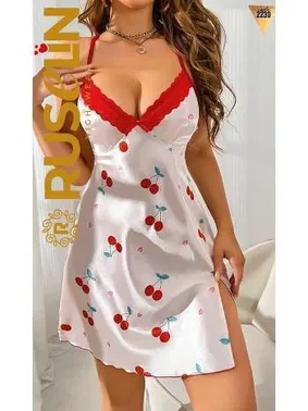 Ruselin Yırtmaçlı Göğüs Dantelli İnce Askılı Saten Kirazlı Gecelik Ruselin 2230 - Alternatif Görünüm