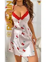 Yırtmaçlı Göğüs Dantelli İnce Askılı Saten Kirazlı Gecelik Ruselin 2230 Beyaz detay görünüm