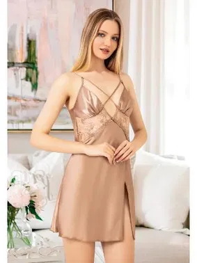 Miss Laris Yırtmaçlı İnce Çapraz Askılı Saten Fantazi Kadın Gecelik Miss Laris 2080