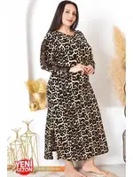 Yırtmaçlı Uzun Kollu Leopar Desenli Büyük Beden Elbise Gecelik Lady 7279 Siyah