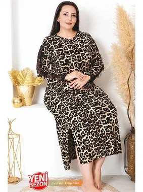 Lady Yırtmaçlı Uzun Kollu Leopar Desenli Büyük Beden Elbise Gecelik Lady 7279 - Alternatif Görünüm