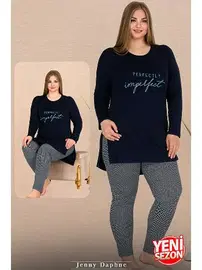 Lady Yırtmaçlı Uzun Kollu Yuvarlak Yaka Büyük Beden Kadın Pijama Takımı Lady 11311