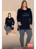Yırtmaçlı Uzun Kollu Yuvarlak Yaka Büyük Beden Kadın Pijama Takımı Lady 11311 Siyah