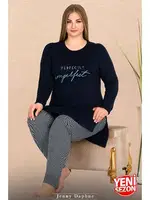 Yırtmaçlı Uzun Kollu Yuvarlak Yaka Büyük Beden Kadın Pijama Takımı Lady 11311 Siyah detay görünüm