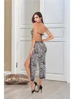 Yırtmaçlı Zebra Desenli Fantazi Gecelik Tulum İzabel 507 Siyah detay görünüm