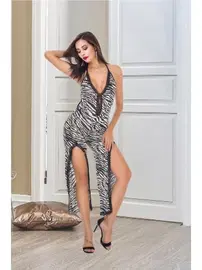 İzabel Yırtmaçlı Zebra Desenli Fantazi Gecelik Tulum İzabel 507