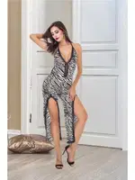 Yırtmaçlı Zebra Desenli Fantazi Gecelik Tulum İzabel 507 Siyah